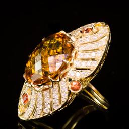 14K Gold 18.92ct Citrine, 0.75ct Fancy Color Sapphire 1.62ct Diamond Ring