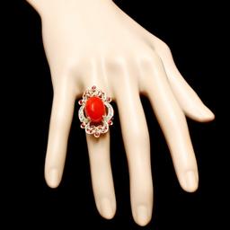 14k Yellow Gold 8.00ct Coral 0.70ct Diamond Ring