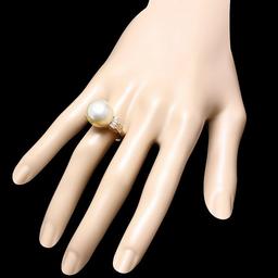 14k Yellow Gold 14 Mm Pearl 0.60ct Diamond Ring