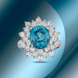 14K Gold 6.44cts Blue Zircon & 1.71cts Diamond Ring