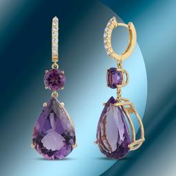 14K Gold 41.12cts Amethyst & 0.51cts Diamond Earrings