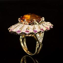 14K Gold 15.34ct Citrine, 0.90ct Pink Sapphire 1.10ct Diamond Ring