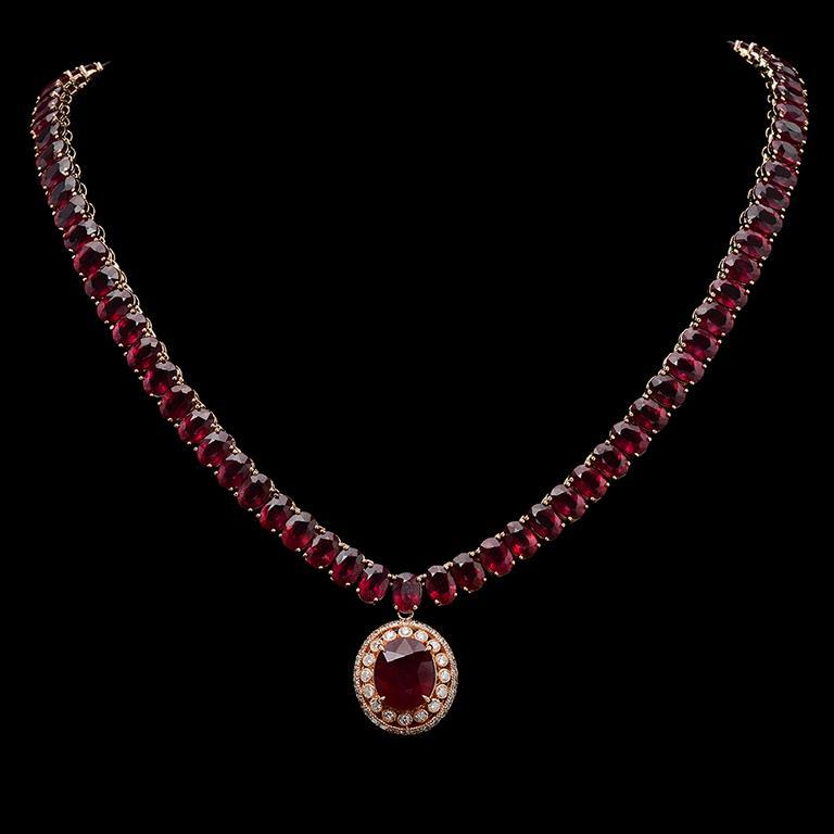 14K Gold 115.72ct Ruby & 1.35ct Diamond Necklace