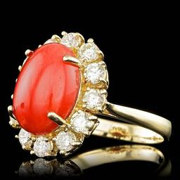 14k Yellow Gold 5.50ct Coral 1.60ct Diamond Ring