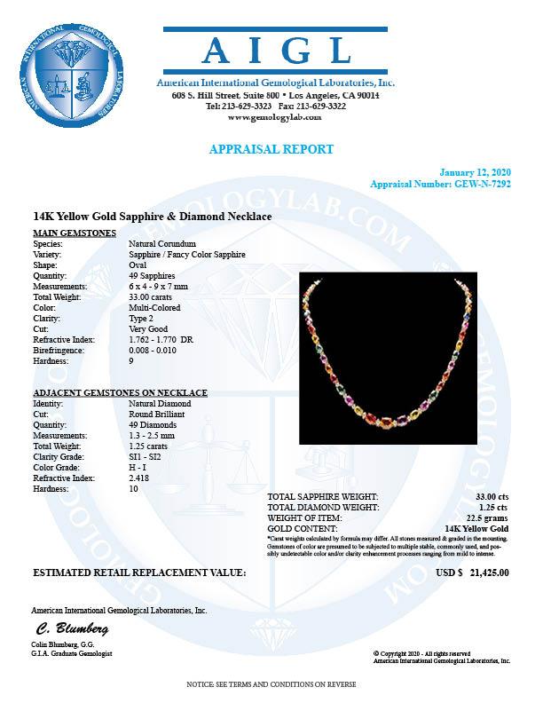 14k Gold 33ct Sapphire 1.2ct Diamond Necklace