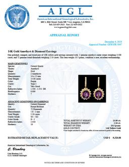 14k Gold 15.00ct Amethyst 2.10ct Diamond Earrings