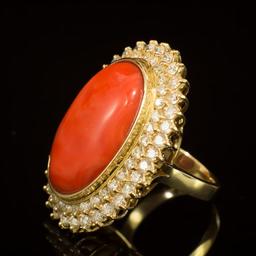 14K Gold 31.50ct Coral 2.04ct Diamond Ring