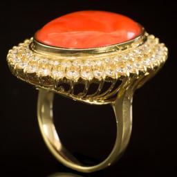 14K Gold 31.50ct Coral 2.04ct Diamond Ring