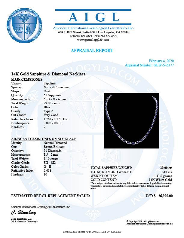 14k Gold 29ct Sapphire 1.10ct Diamond Necklace
