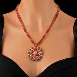 14k Gold 66ct Coral 4.40ct Diamond Necklace