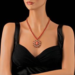 14k Gold 66ct Coral 4.40ct Diamond Necklace