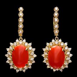 14k Gold 9.50ct Coral 1.60ct Diamond Earrings