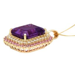 14K Gold 25.44ct Amethyst 2.03ct Sapphire 1.51ct Diamond Pendant