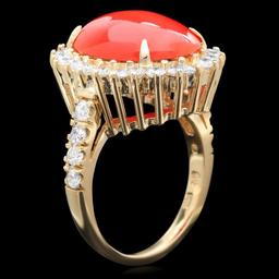 14k Yellow Gold 5.00ct Coral 1.35ct Diamond Ring