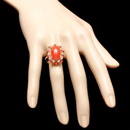 14k Yellow Gold 6.50ct Coral 0.40ct Diamond Ring