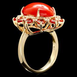 14k Yellow Gold 6.50ct Coral 0.40ct Diamond Ring