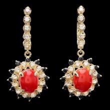 14k Gold 5.00ct Coral 1.10ct Diamond Earrings