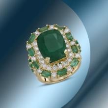 14K Gold 13.88cts Emerald & 2.89cts Diamond Ring