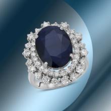 14K Gold 7.11cts Sapphire & 1.39cts Diamond Ring