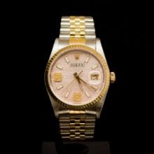Rolex Two-Tone Datejust 36mm Custom Pink Dial, Diamonds on 9th & 6th Hour Men's Wristwatch