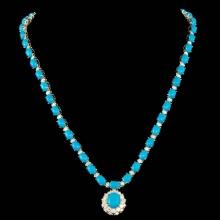 14k Gold 35.5ct Turquoise 3.50ct Diamond Necklace