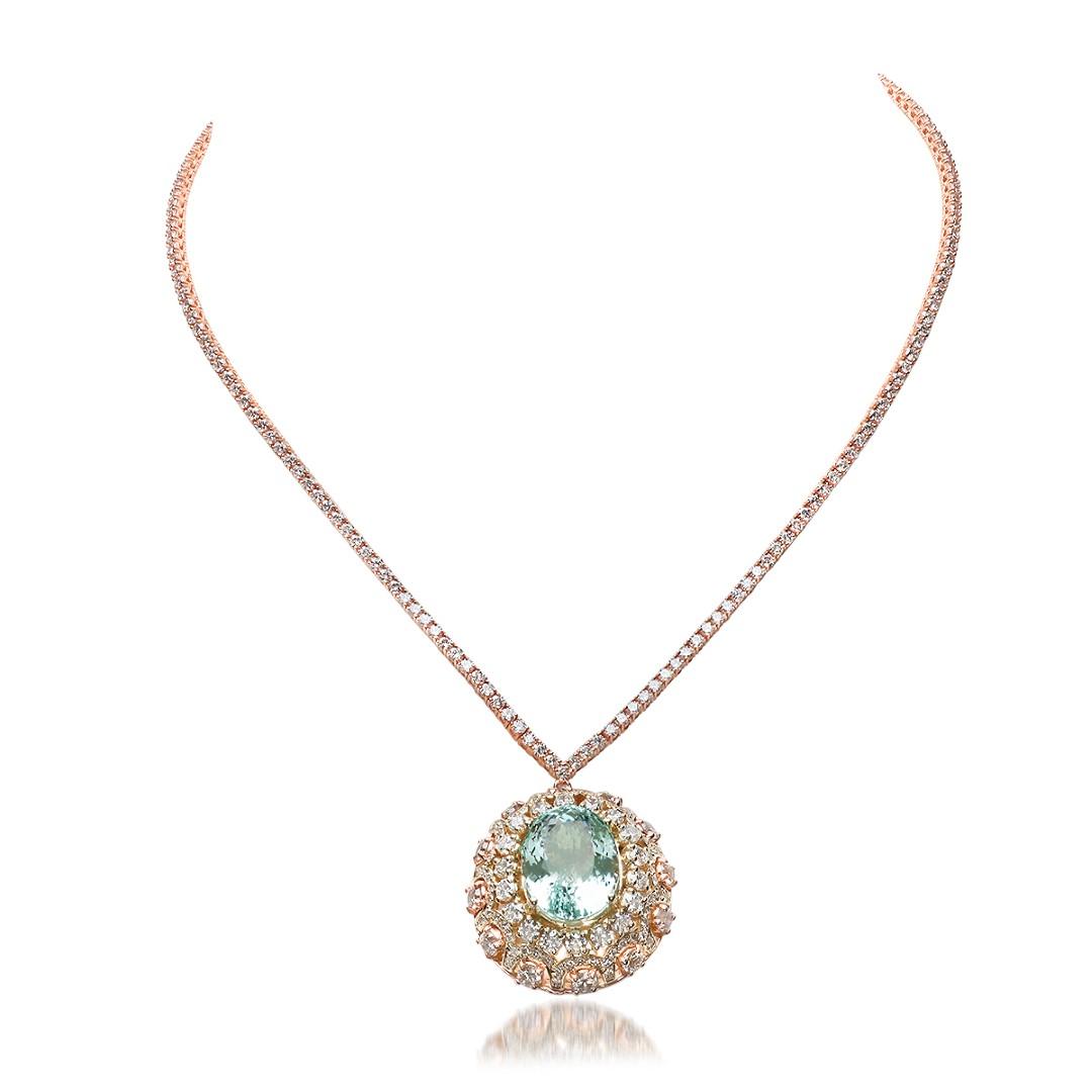 14K Rose Gold, 16.50cts Aquamarine, 11.80cts Diamond Necklace