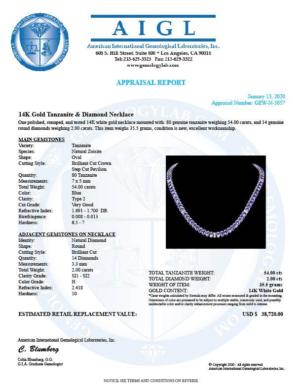 14k 54.00ct Tanzanite 2.00ct Diamond Necklace