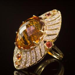 14K Gold 25.15ct Citrine, 0.71ct Fancy Color Sapphire 1.74ct Diamond Ring