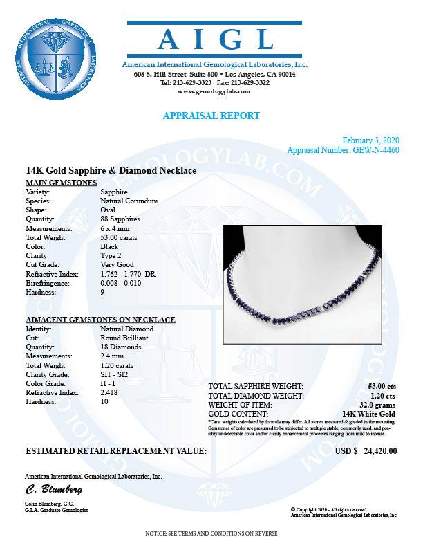 14k Gold 53ct Sapphire 1.20ct Diamond Necklace