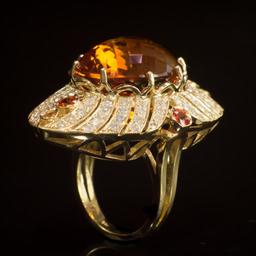 14K Gold 25.15ct Citrine, 0.71ct Fancy Color Sapphire 1.74ct Diamond Ring