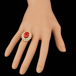 14k Yellow Gold 5.00ct Coral 1.80ct Diamond Ring