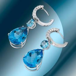 14K Gold 49.51cts Blue Topaz & 1.47cts Diamond Earrings