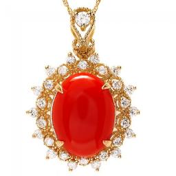 14k Gold 4.70ct Coral 0.80ct Diamond Pendant