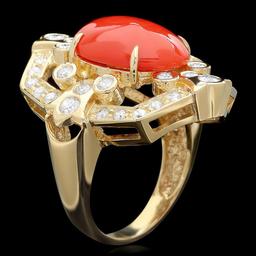 14k Yellow Gold 5.00ct Coral 1.10ct Diamond Ring