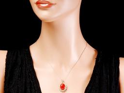 14k Gold 4.70ct Coral 0.80ct Diamond Pendant