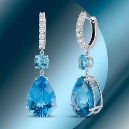 14K Gold 49.51cts Blue Topaz & 1.47cts Diamond Earrings