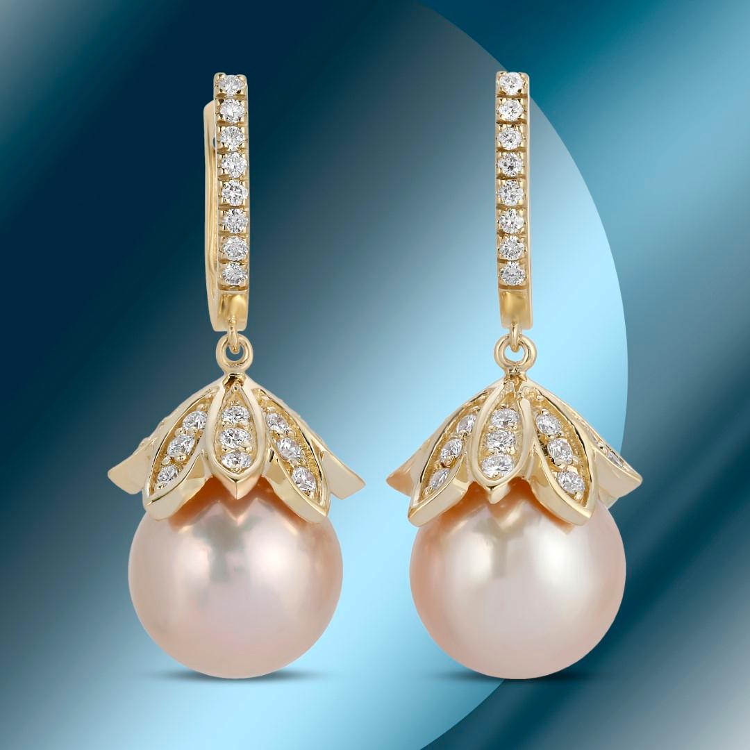 14K Gold 14mm South Sea Pearl & 2.35cts Diamond Earrings