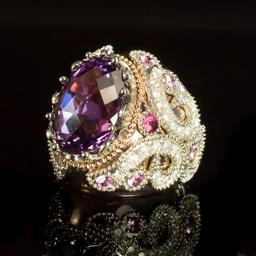 14K Gold 16.5ct Amethyst, 1.10ct Fancy Color Sapphire 1.25ct Diamond Ring