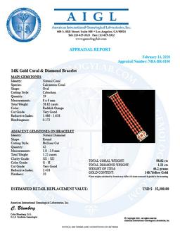 14K Gold 58.82ct Coral 1.21ct Diamond Bracelet