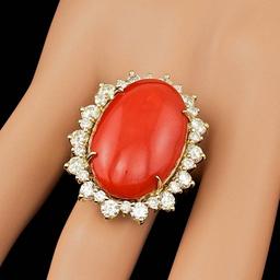 14k Yellow Gold 14.50ct Coral 2.25ct Diamond Ring