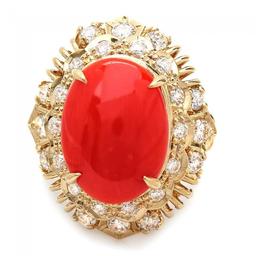 14k Yellow Gold 4.50ct Coral 1.30ct Diamond Ring