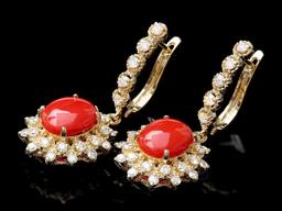 14k Gold 4.00ct Coral 1.50ct Diamond Earrings