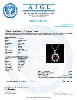 14k Gold 8.00ct Amethyst 0.90ct Diamond Pendant
