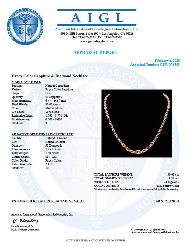 14k Gold 30ct Sapphire 1.5ct Diamond Necklace