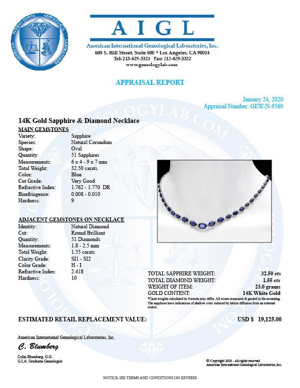 14k Gold 32.50ct Sapphire 1.55ct Diamond Necklace