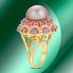 14K Gold 14mm South Sea Pearl, 6.15cts Sapphire & 1.23cts Diamond Ring