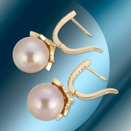 14K Gold 14mm South Sea Pearl & 2.35cts Diamond Earrings