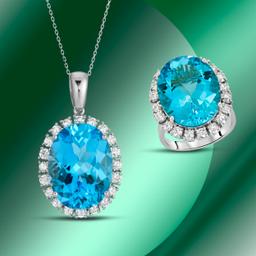 14K Gold Blue Topaz & Diamond Ring and Pendant Set