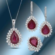 14K Gold Ruby & Diamond Ring, Earrings and Pendant Set