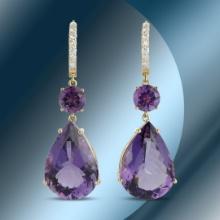 14K Gold 41.12cts Amethyst & 0.51cts Diamond Earrings